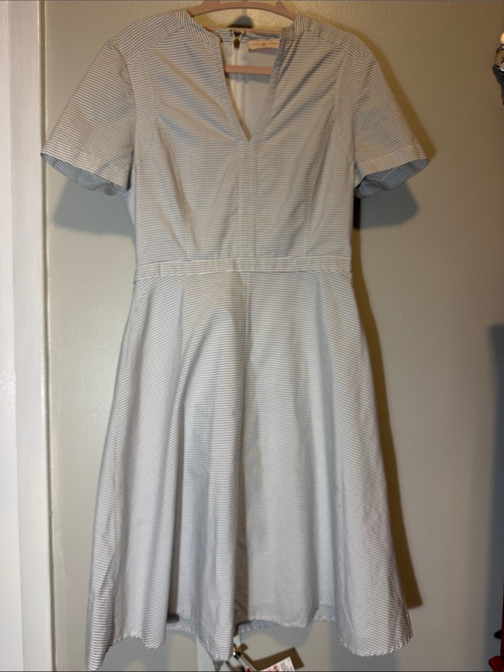 Tory Burch White and Black Striped Fit-and-Flare Dress